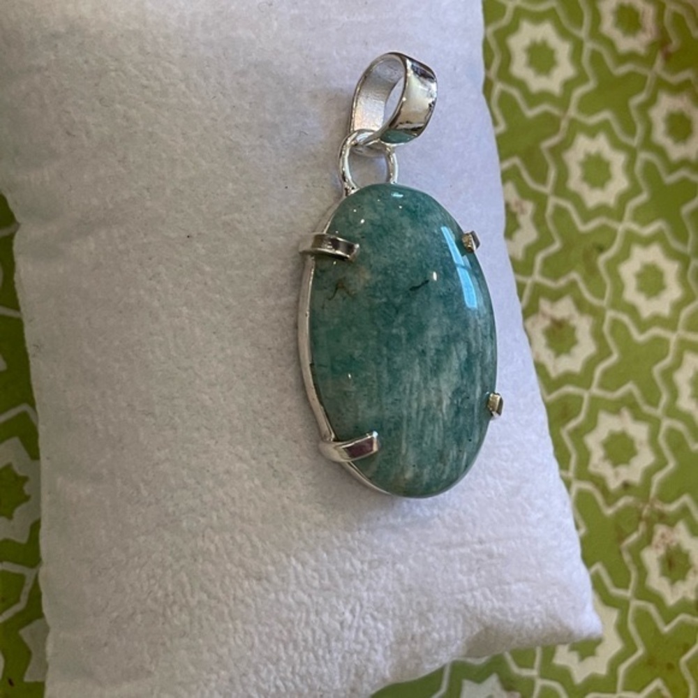 Natural Amazonite Oval Pendant – Blue Green Color Silver Plated - Brand New - Picture 2 of 7
